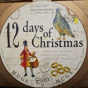 Williams Sonoma Festive 12 Days of Christmas Art in Cream and Brown Mugs(4)